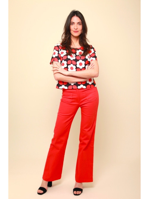 Top cropped 70's fleuri col rond manches courtes Hippocampe