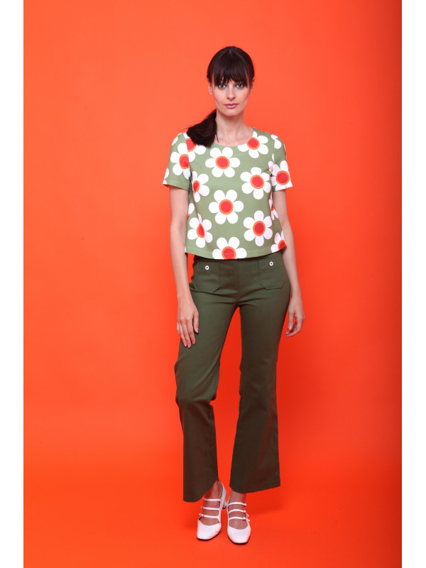 Top cropped 70's fleuri col rond manches courtes Hippocampe