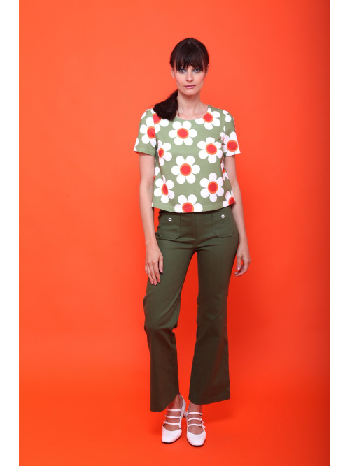 Top cropped 70's fleuri col rond manches courtes Hippocampe