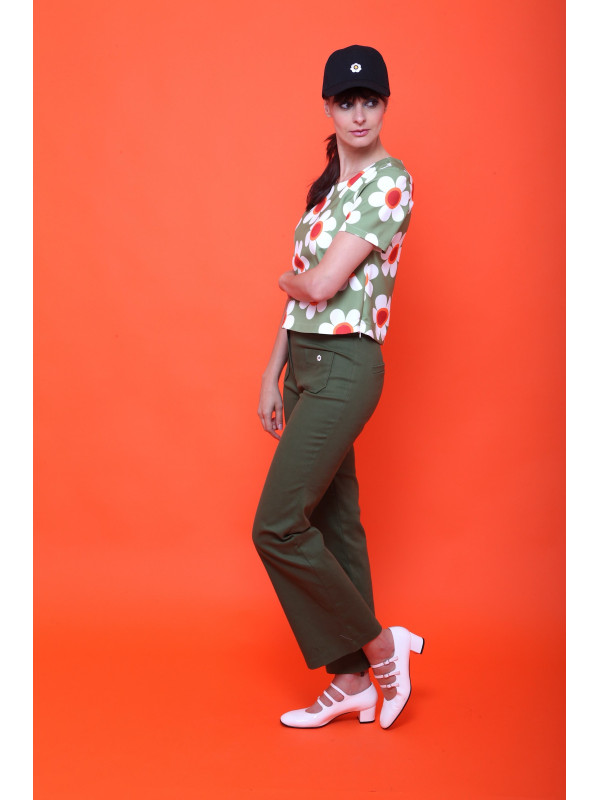 Top cropped 70's fleuri col rond manches courtes Hippocampe