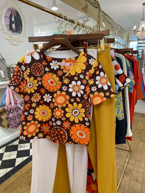 Top cropped 70's fleuri col V manches courtes Hippocampe