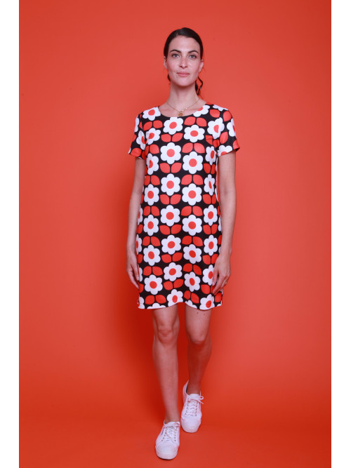 Robe rétro 70's fleurie col rond manches courtes Hippocampe
