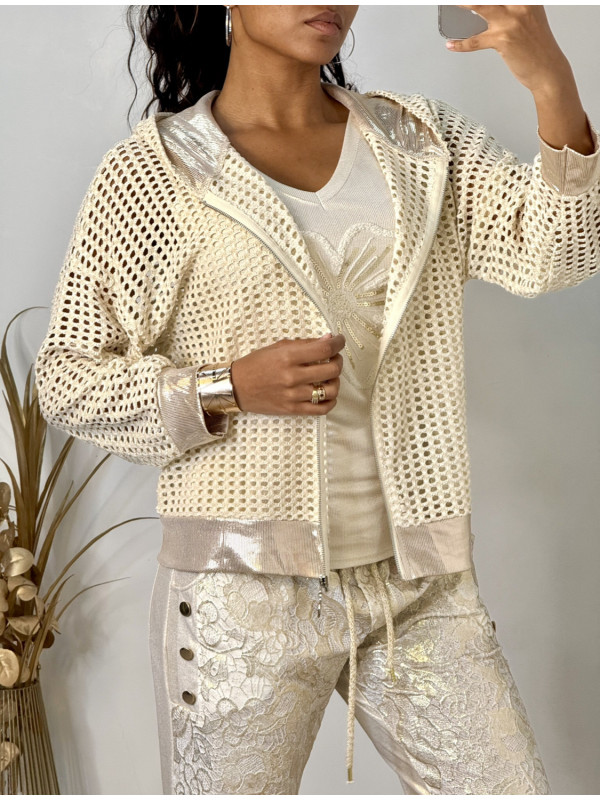 Veste zippée maille filet et capuche en lurex