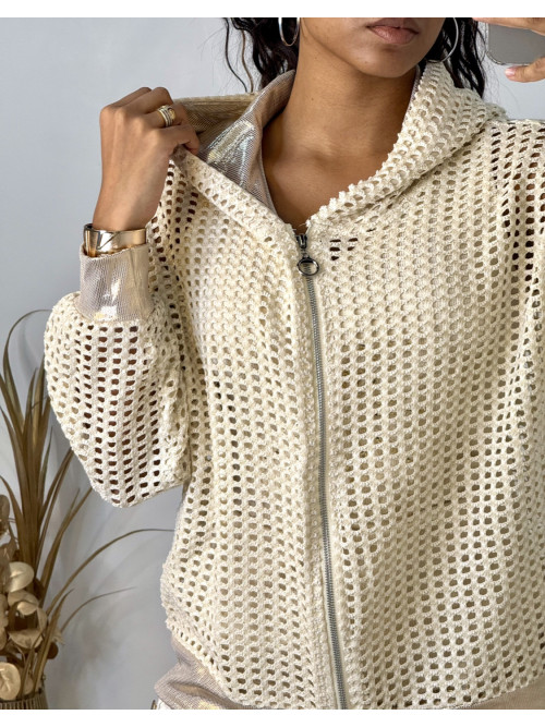 Veste zippée maille filet et capuche en lurex