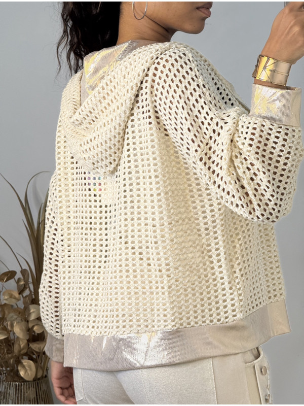 Veste zippée maille filet et capuche en lurex