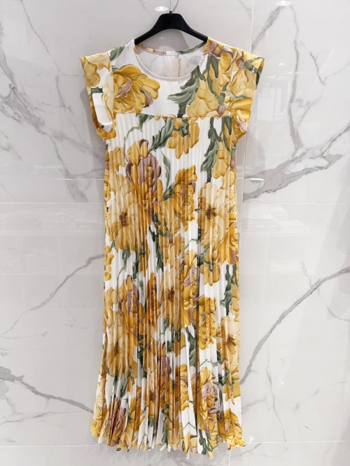 Robe plissée longues manches courtes imprimé floral