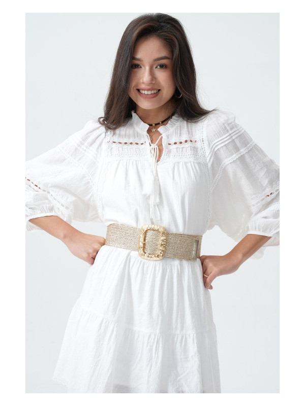 Ceinture tressée effet paille boucle rectangle martelé
