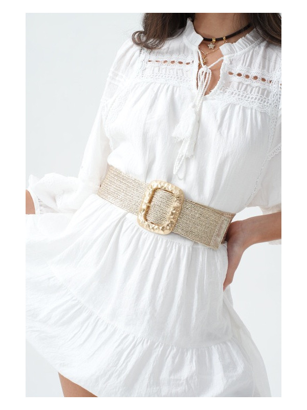 Ceinture tressée effet paille boucle rectangle martelé