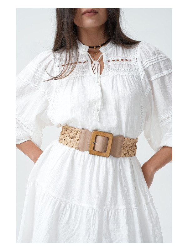 Ceinture tressée effet paille boucle carré bois