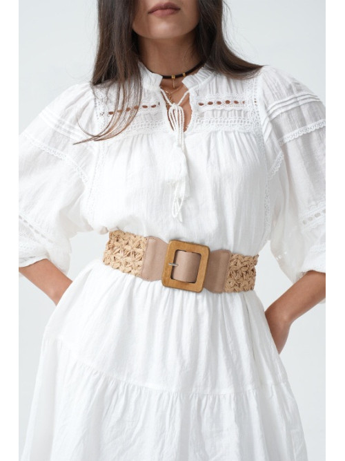 Ceinture tressée effet paille boucle carré bois