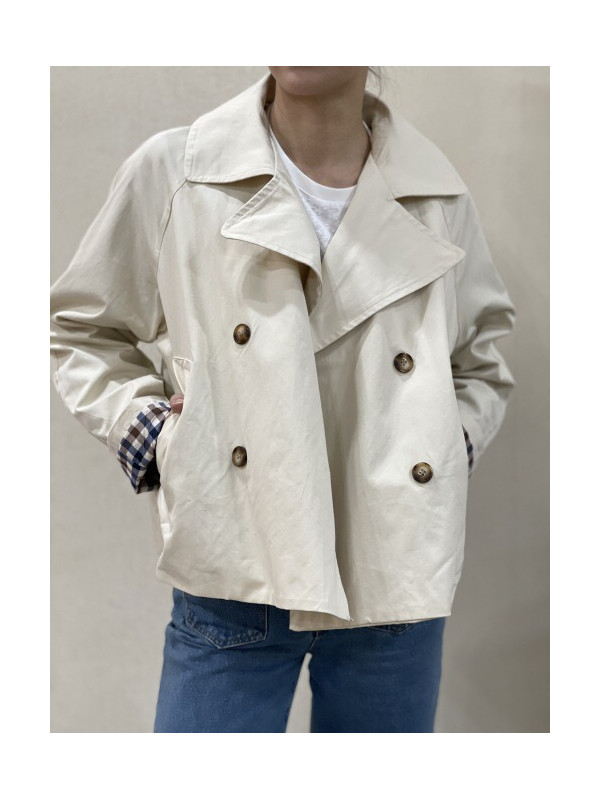 Veste double boutonnage manches avec revers à carreaux