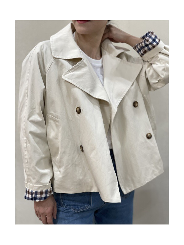 Veste double boutonnage manches avec revers à carreaux