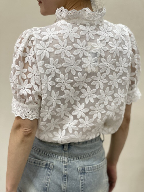 Chemise col froufrou manches courtes fleurs brodées