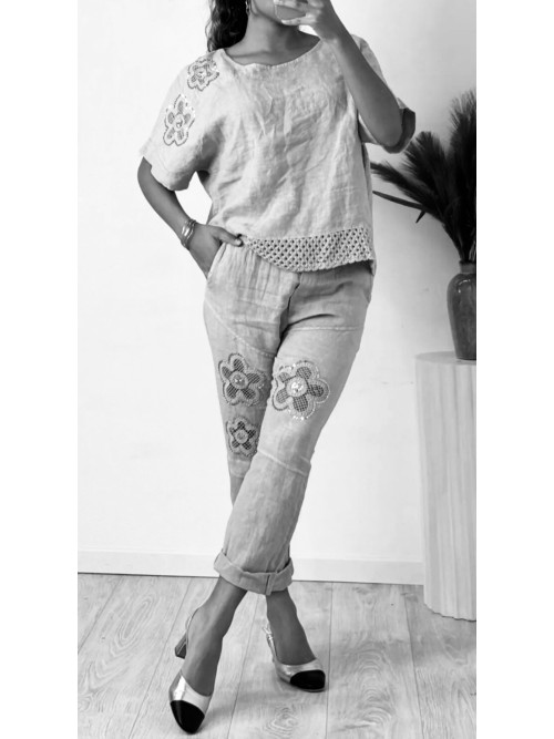 Pantalon en lin avec fleurs brodées et sequins