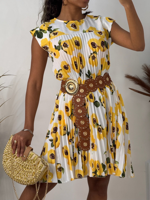 Robe plissée courte imprimé fleuri mancherons