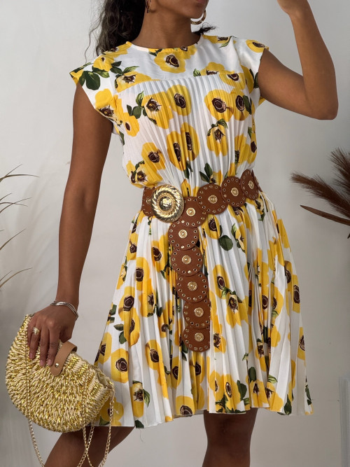 Robe plissée courte imprimé fleuri mancherons