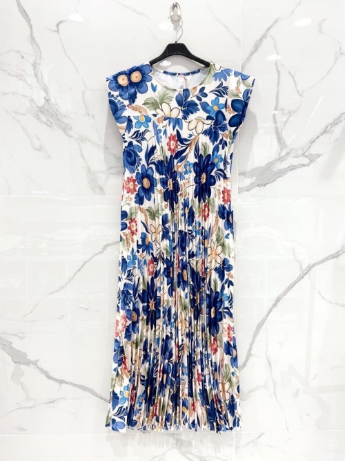 Robe longue plissée imprimé floral col rond manches courtes