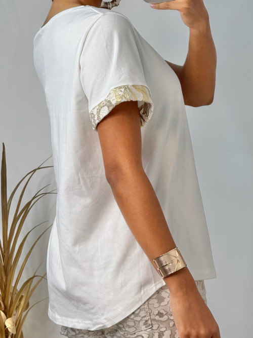 T-shirt œil imprimé esprit guipure manches courtes col V