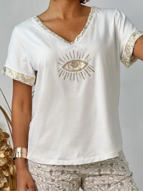 T-shirt œil imprimé esprit guipure manches courtes col V