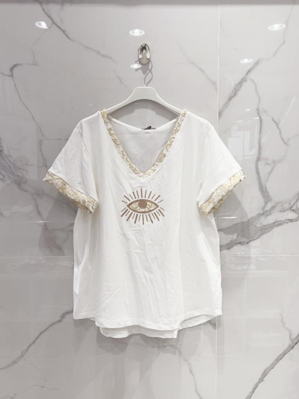 T-shirt œil imprimé esprit guipure manches courtes col V