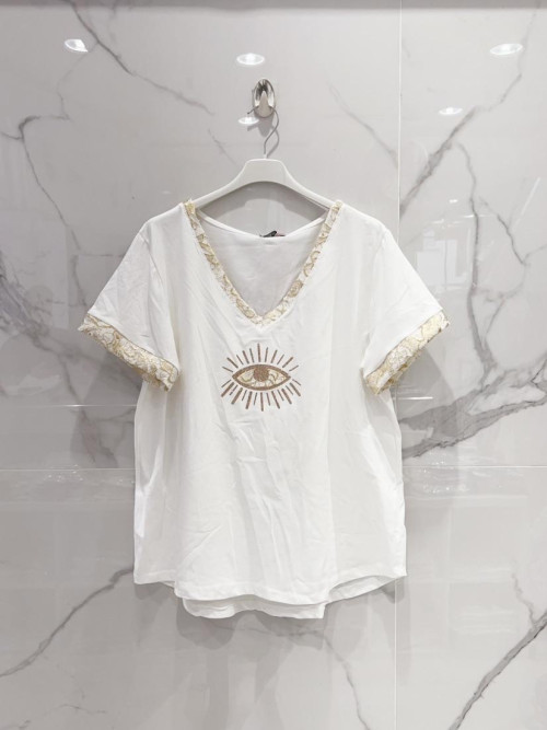 T-shirt œil imprimé esprit guipure manches courtes col V