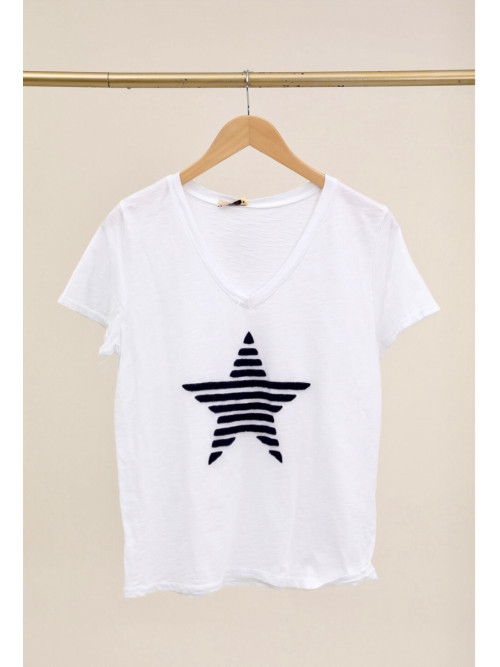 T-shirt étoile rayée bouclette col V manches courtes Lacomy