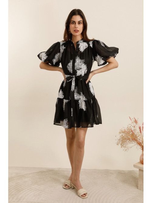 Robe chemisier courte à volants en voile brodé