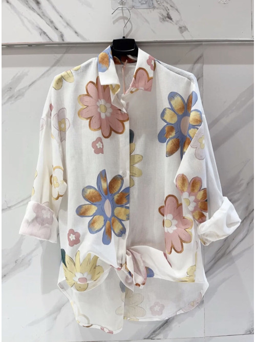 Chemise longue imprimé fleurs multicolores pastel