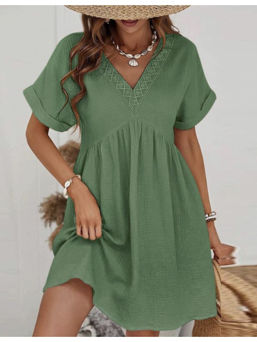 Robe courte en gaze de coton col V bord brodé
