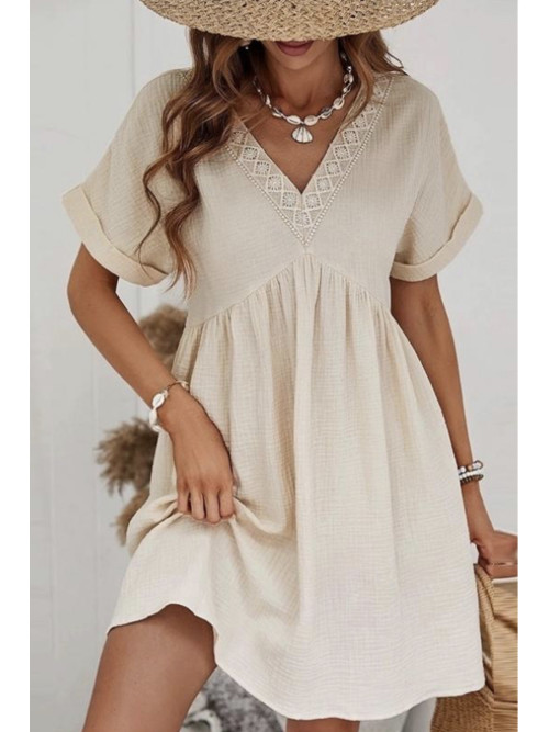 Robe courte en gaze de coton col V bord brodé