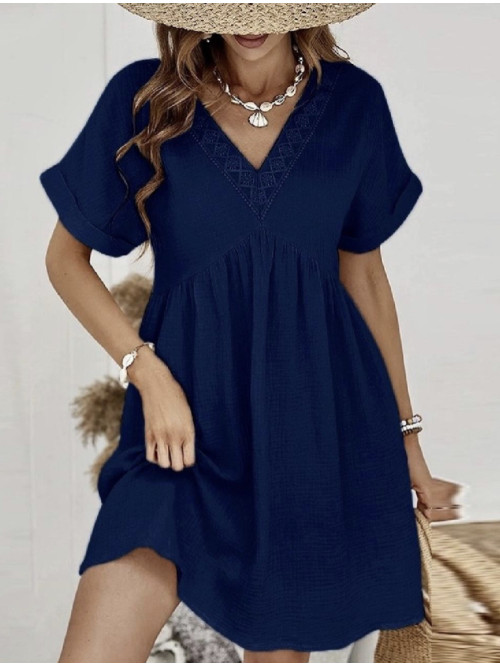 Robe courte en gaze de coton col V bord brodé