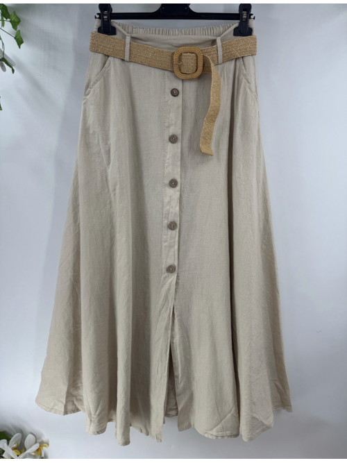 Jupe longue en lin et coton avec ceinture paille élastiquée