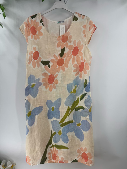 Robe courte droite en lin imprimé fleuri Emporium