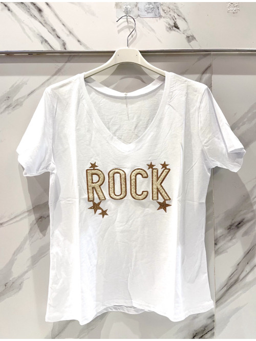 T-shirt motif poitrine Rock et étoiles dorées col V