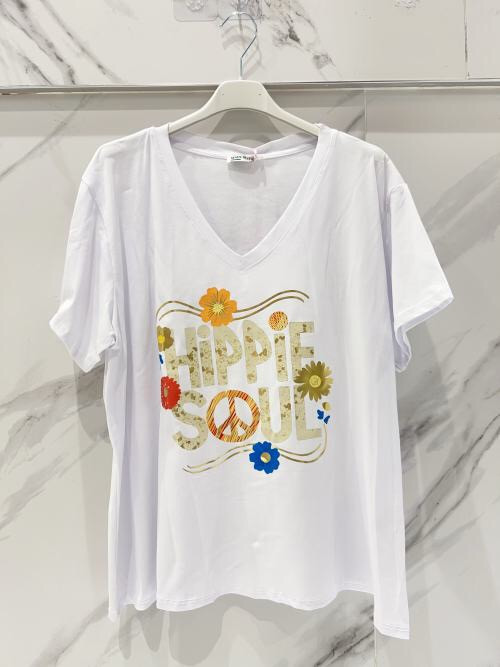 T-Shirt motif Hippie col V manches courtes
