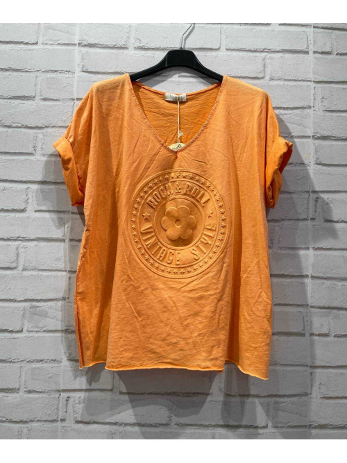 T-shirt col V motif cercle fleur Rock 3D Lacomy