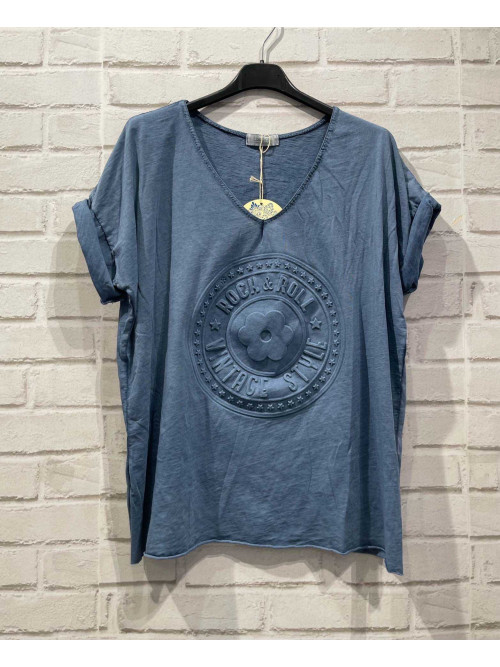 T-shirt col V motif cercle fleur Rock 3D Lacomy