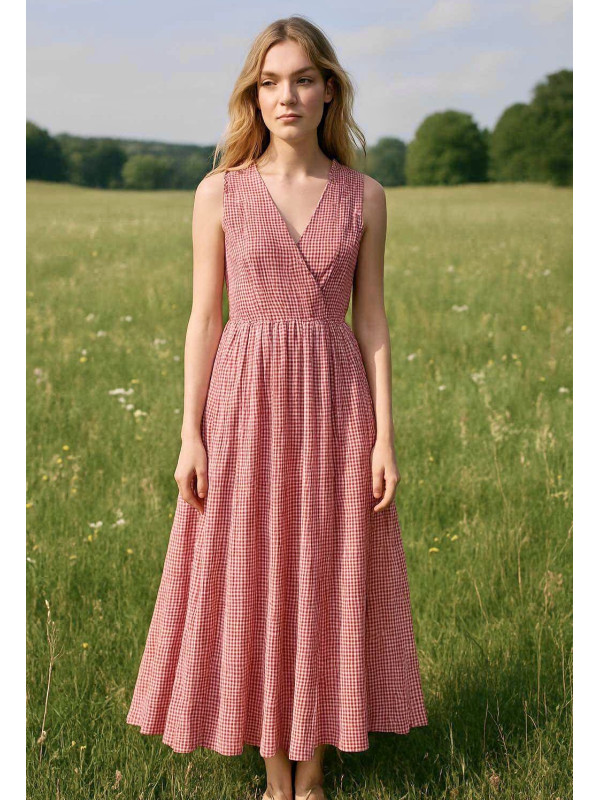 Robe décolleté cache-cœur sans manche imprimé vichy rétro