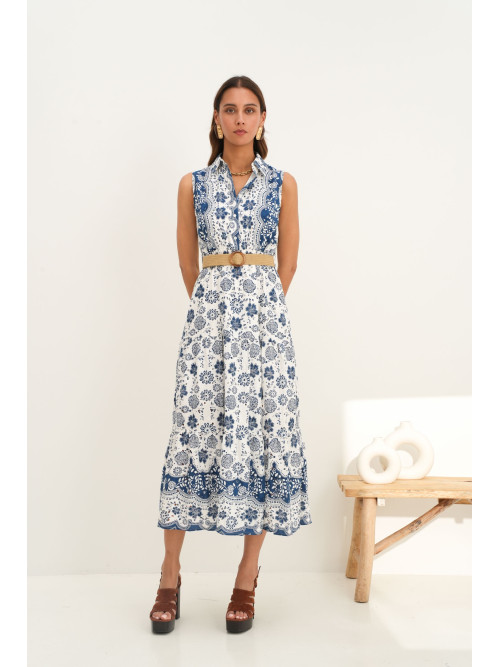 Robe longue imprimé fleurs et broderie anglaise