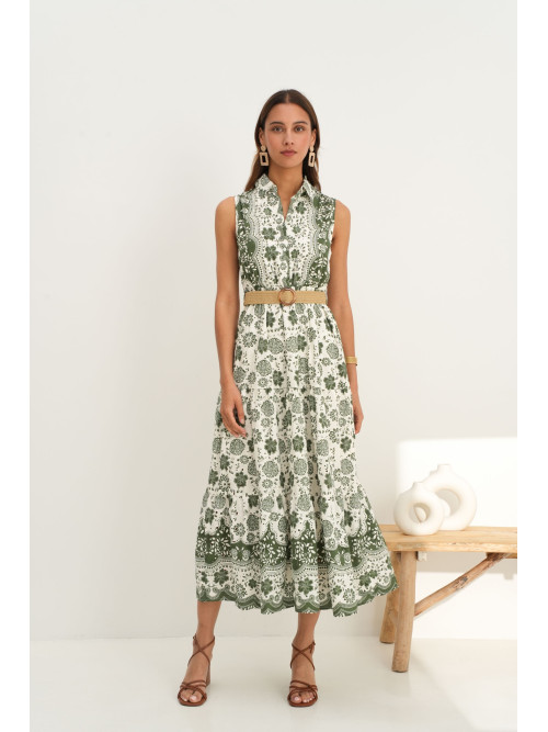 Robe longue imprimé fleurs et broderie anglaise