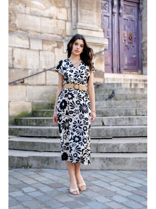 Robe longue col V imprimé fleuri et ceinture paille