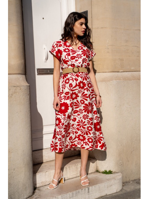 Robe longue col V imprimé fleuri et ceinture paille
