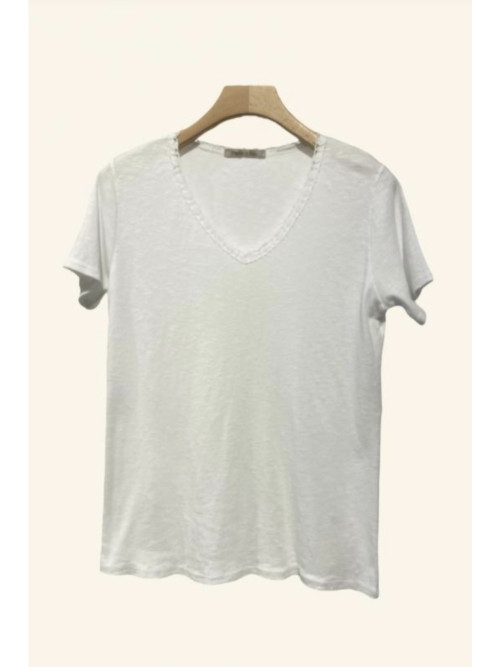 T-shirt col V manches courtes dentelle à l'encolure