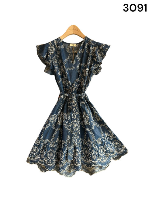 Robe courte en chambray broderies écru Sens Uniq
