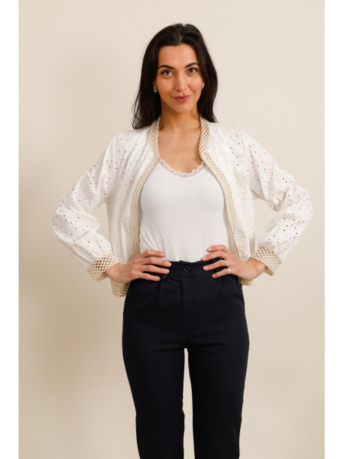 Bombers Grande Taille broderie anglaise zippé bord maille filet beige
