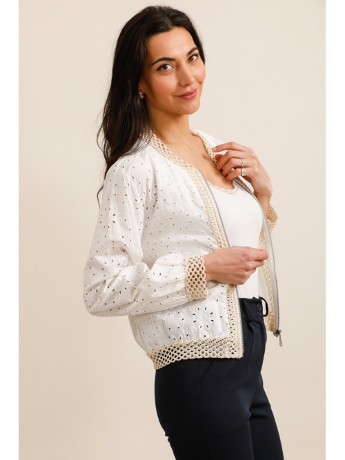 Bombers Grande Taille broderie anglaise zippé bord maille filet beige