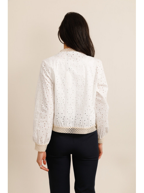 Bombers Grande Taille broderie anglaise zippé bord maille filet beige