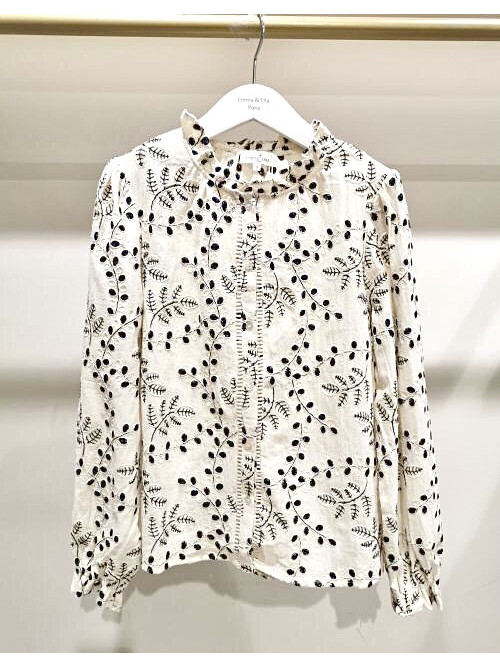 Chemise brodée fleurs col frou-frou