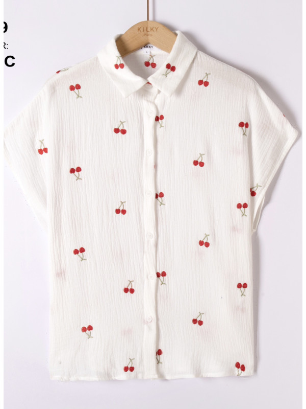 Chemise en gaze de coton brodée de cerises Kilky
