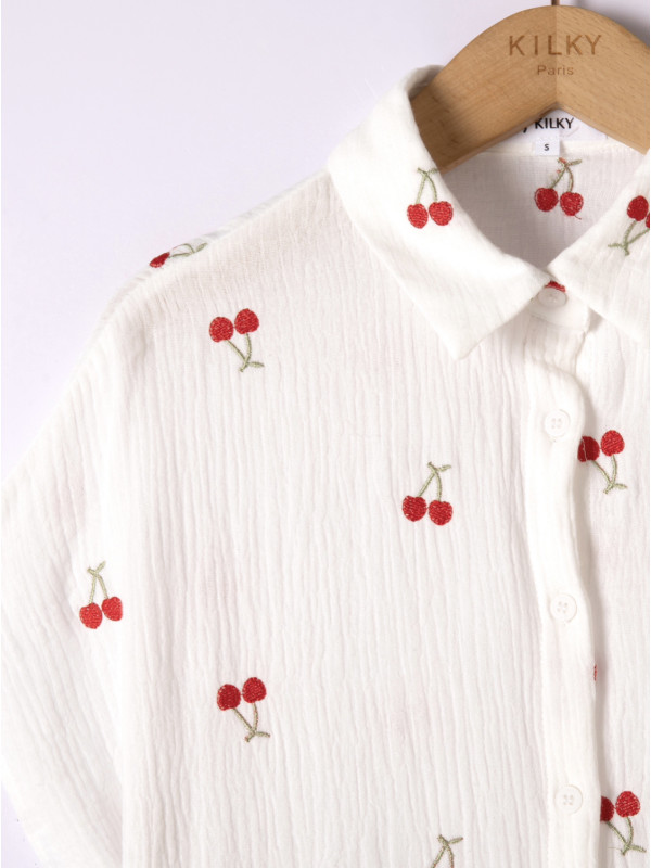 Chemise en gaze de coton brodée de cerises Kilky
